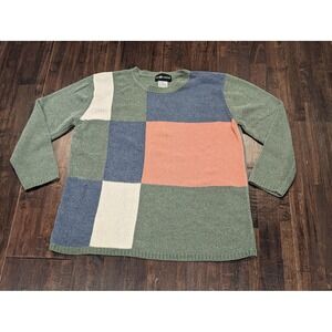 Vintage Sag Harbor‎ Sweater Womens Medium Green Coral Colorblock Patchwork 90s